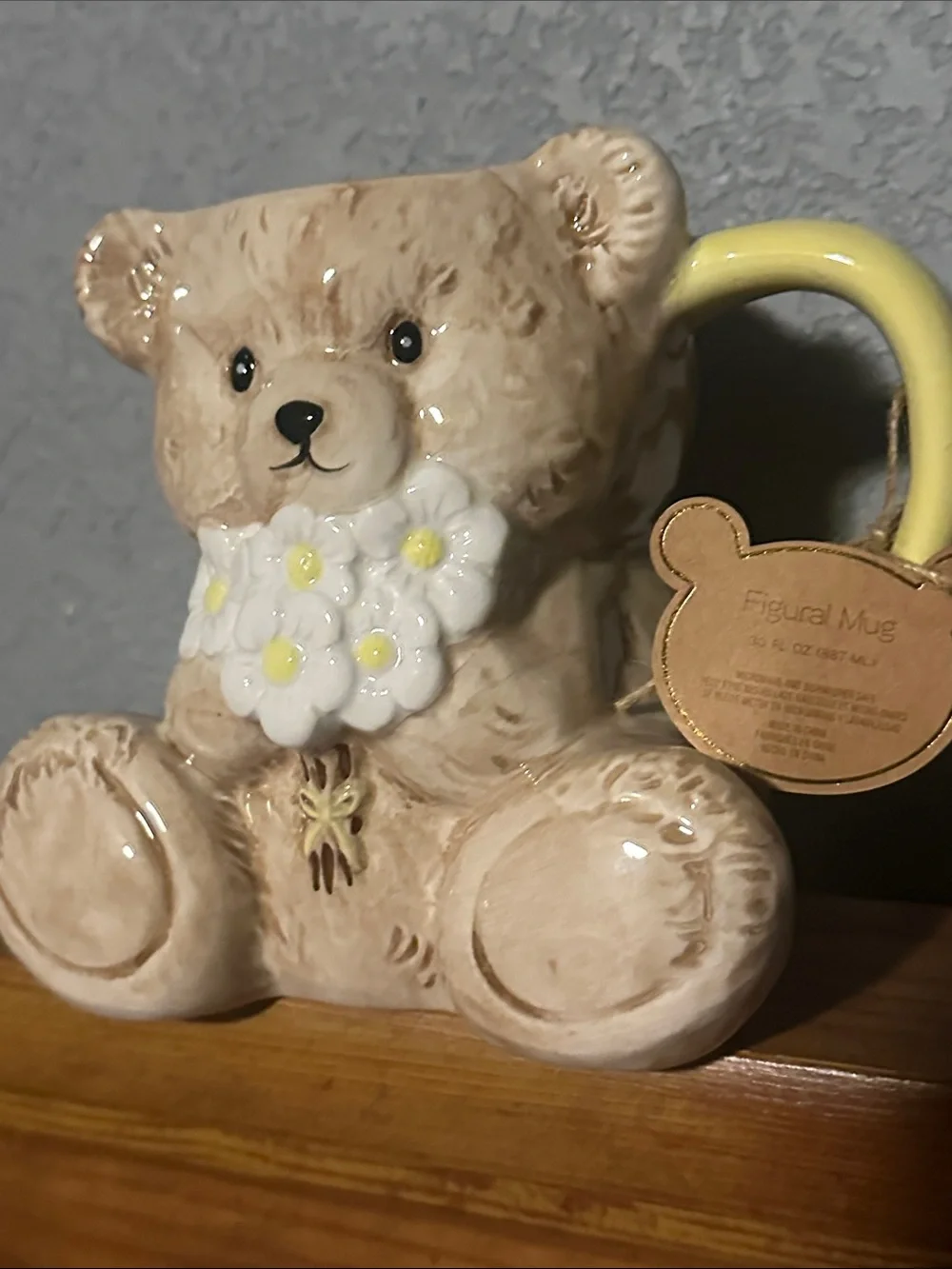 Beige Teddy Bear Ceramic Mug with Daisy Accent